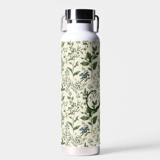 Monogram Initial Sage Green Botanical Florals Gift Waterfles (Voorkant)