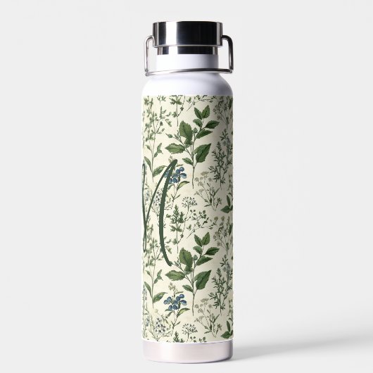 Monogram Initial Sage Green Botanical Florals Gift Waterfles (Achterkant)