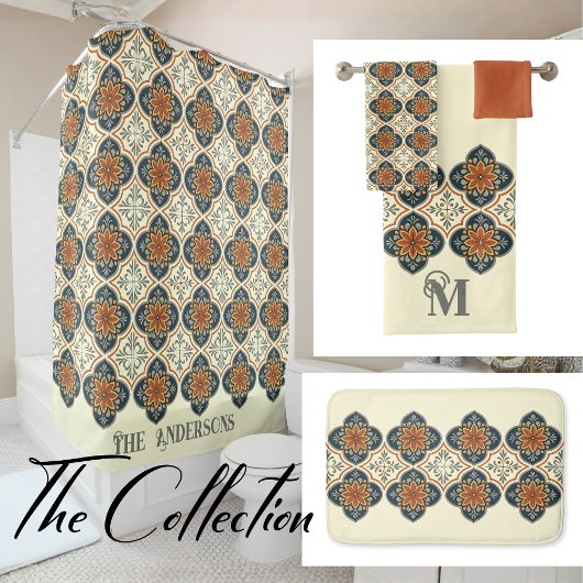 Monogram Initial Spanish Tiles Flower Pattern Bad Handdoek