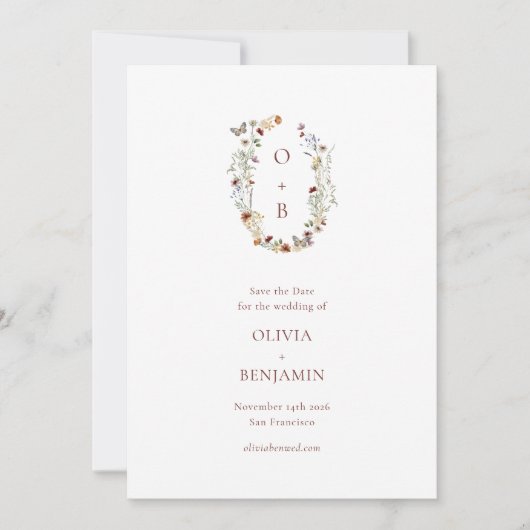 Monogram Initialen Aardse Bloemenkrans Trouwen Save The Date (Voorkant)