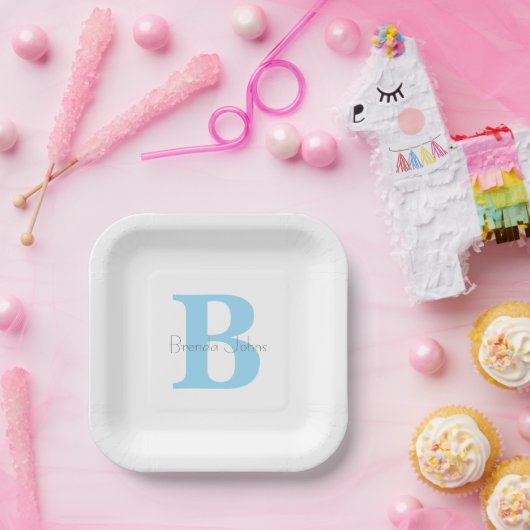 Monogram Initialen Blauw Baby shower Aangepaste na Papieren Bordje (Feest)