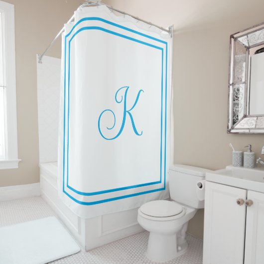 Monogram Initialen Blauw Wit Aangepaste Script Naa Douchegordijn (In situ)