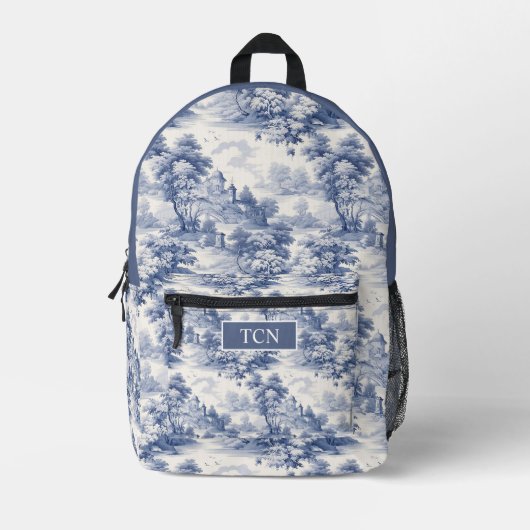 Monogram Initialen Blauw Wit Frans Tegel Patroon Bedrukte Rugzak (Voorkant)