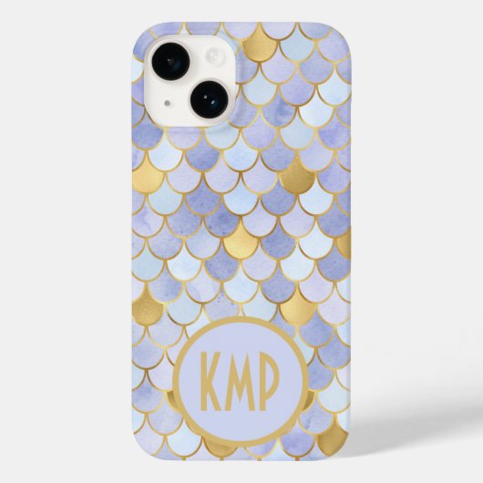 Monogram Initialen Blue Gold Mermaid Scales Case-Mate iPhone Case (Achterkant)