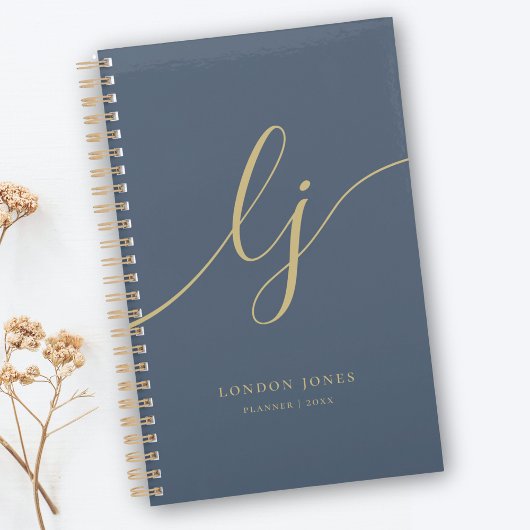 Monogram Initialen Business Gold Script Navy Planner