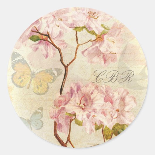 Monogram Initialen  Chic Elegant Bloemen Roze Ronde Sticker (Voorkant)