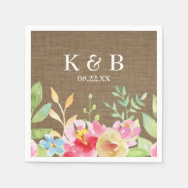 Monogram Initialen Datum Waterverf Bloemen Burlap Servet