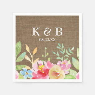 Monogram Initialen Datum Waterverf Bloemen Burlap Servet