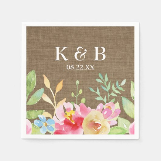 Monogram Initialen Datum Waterverf Bloemen Burlap Servet (Voorkant)