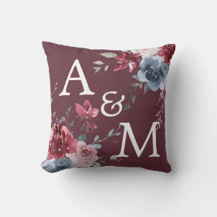 Monogram Initialen Dusty Roos Blue Floral Burgundy Kussen