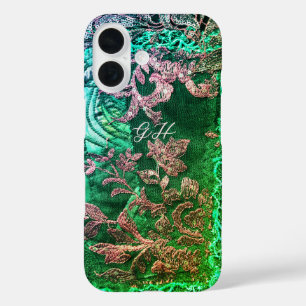 Monogram Initialen Elegant Floral Green Roos Gold iPhone 16 Hoesje
