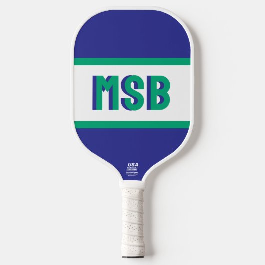 Monogram Initialen, Fun Green Blue Stripes, Aangep Pickleball Paddle (Voorkant)