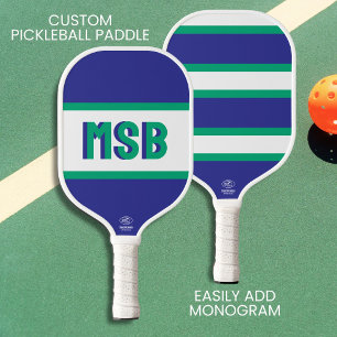 Monogram Initialen, Fun Green Blue Stripes, Aangep Pickleball Paddle