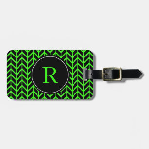 Monogram Initialen Herringbone Pattern Neon Green Bagagelabel