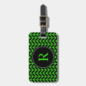 Monogram Initialen Herringbone Pattern Neon Green Bagagelabel (Voorkant verticaal)