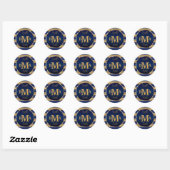 Monogram Initialen in donkerblauw & goudstrepen Ronde Sticker (Vel)