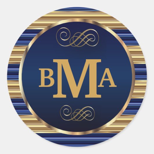 Monogram Initialen in donkerblauw & goudstrepen Ronde Sticker (Voorkant)