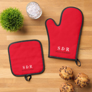 Monogram Initialen Koppel Naam Rood Ovenwant & Pannenlap Set