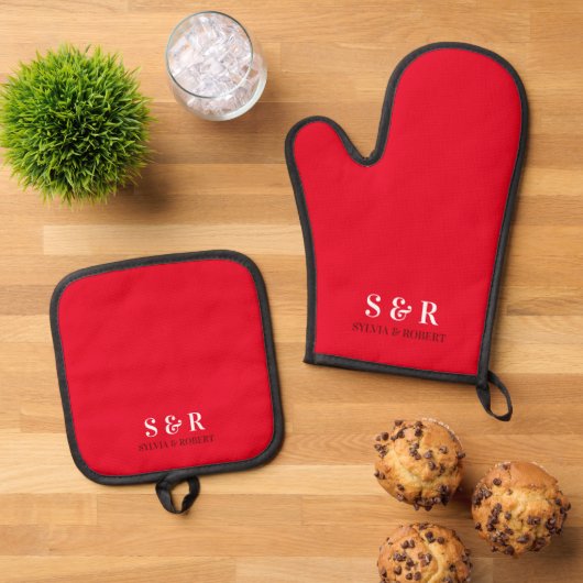 Monogram Initialen Koppel Naam Rood Ovenwant & Pannenlap Set (Top down)