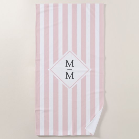 Monogram initialen lichtblauwe roze witte strepen strandlaken (Voorkant)