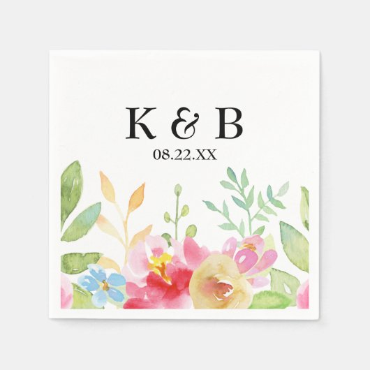 Monogram Initialen met datum en Waterverf bloemen Servet (Voorkant)