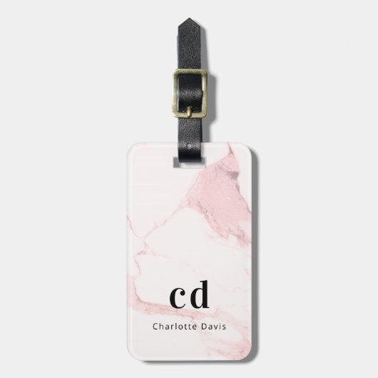 Monogram initialen met roze bruine marmer bagagelabel (Voorkant verticaal)