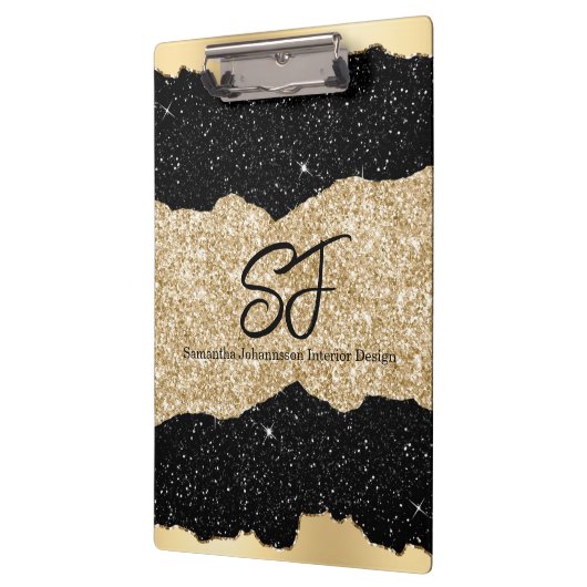 Monogram Initialen op Black en Gold Glitter Klembord (Links)
