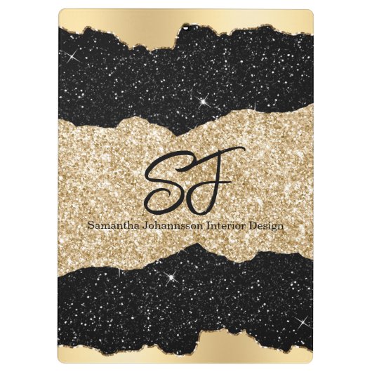 Monogram Initialen op Black en Gold Glitter Klembord (Achterkant)