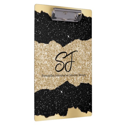 Monogram Initialen op Black en Gold Glitter Klembord (Rechts)