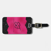 Monogram Initialen op Hot Pink en Black Glitter Bagagelabel (Voorkant horizontaal)