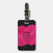 Monogram Initialen op Hot Pink en Black Glitter Bagagelabel (Voorkant verticaal)