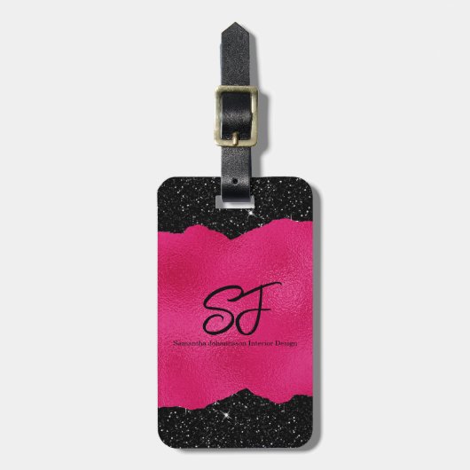 Monogram Initialen op Hot Pink en Black Glitter Bagagelabel (Voorkant verticaal)