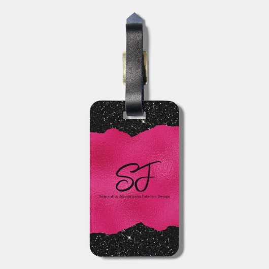 Monogram Initialen op Hot Pink en Black Glitter Bagagelabel (Achterkant verticaal)