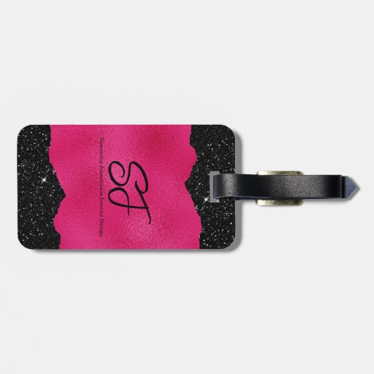 Monogram Initialen op Hot Pink en Black Glitter Bagagelabel (Achterkant horizontaal)