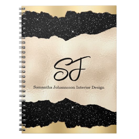 Monogram Initialen op Luxe Zwart en Goud Notitieboek (Voorkant)