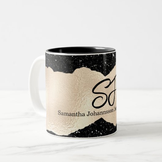 Monogram Initialen op Luxe Zwart en Goud Tweekleurige Koffiemok (Voorkant links)