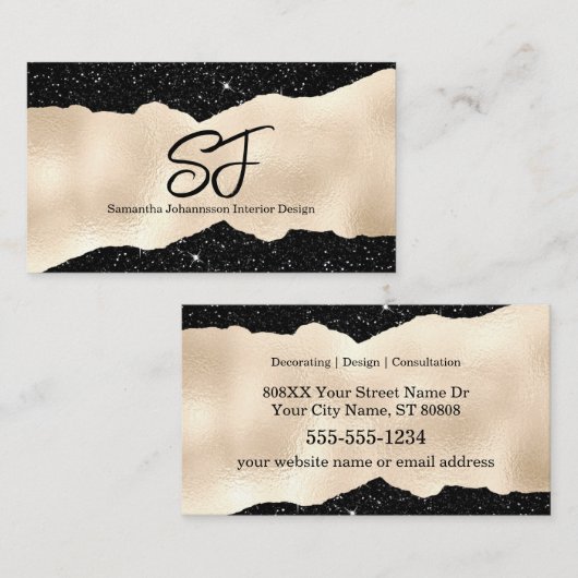 Monogram Initialen op Luxe Zwart en Goud Visitekaartje (Voorkant / Achterkant)