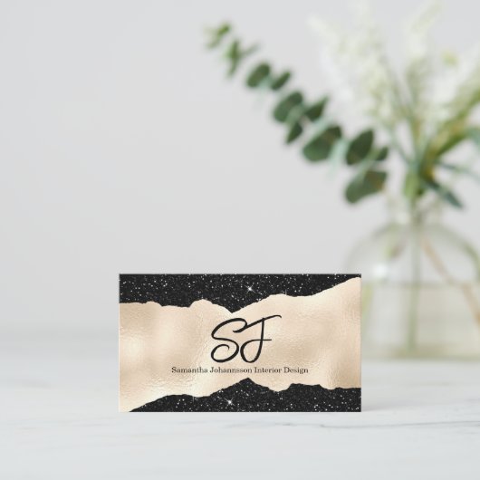 Monogram Initialen op Luxe Zwart en Goud Visitekaartje (Staand voorkant)