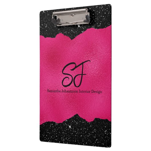 Monogram Initialen op Luxe Zwart en Hot Pink Klembord (Links)