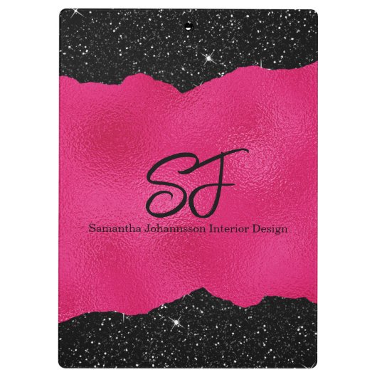 Monogram Initialen op Luxe Zwart en Hot Pink Klembord (Achterkant)