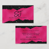 Monogram Initialen op Luxe Zwart en Hot Pink Visitekaartje (Voorkant / Achterkant)