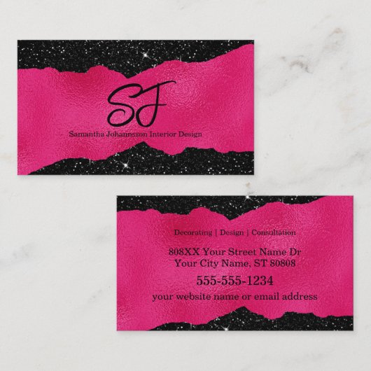 Monogram Initialen op Luxe Zwart en Hot Pink Visitekaartje (Voorkant / Achterkant)