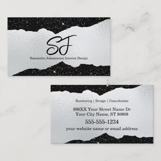 Monogram Initialen op Luxe Zwart en Zilver Visitekaartje (Voorkant / Achterkant)