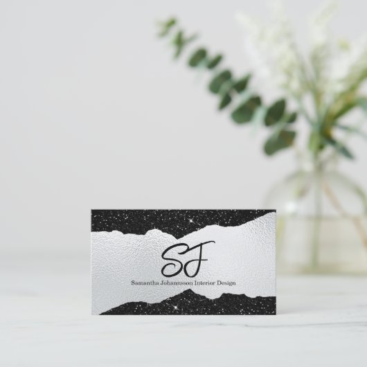 Monogram Initialen op Luxe Zwart en Zilver Visitekaartje (Staand voorkant)