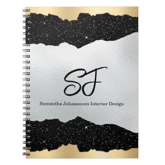 Monogram Initialen op Luxe Zwart Zilver & Goud Notitieboek (Voorkant)