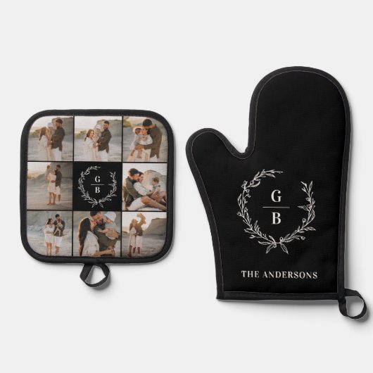 Monogram Initialen paar familie krans multi foto Ovenwant & Pannenlap Set (Voorkant)