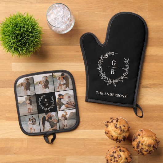 Monogram Initialen paar familie krans multi foto Ovenwant & Pannenlap Set (Top down)