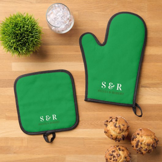 Monogram Initialen Paar Naam Groen Ovenwant & Pannenlap Set (Top down)