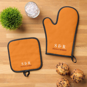 Monogram Initialen Paar Naam Sinaasappel Ovenwant & Pannenlap Set