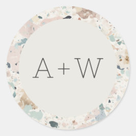 Monogram Initialen Pastel Terrazzo Patroon Bruilof Ronde Sticker